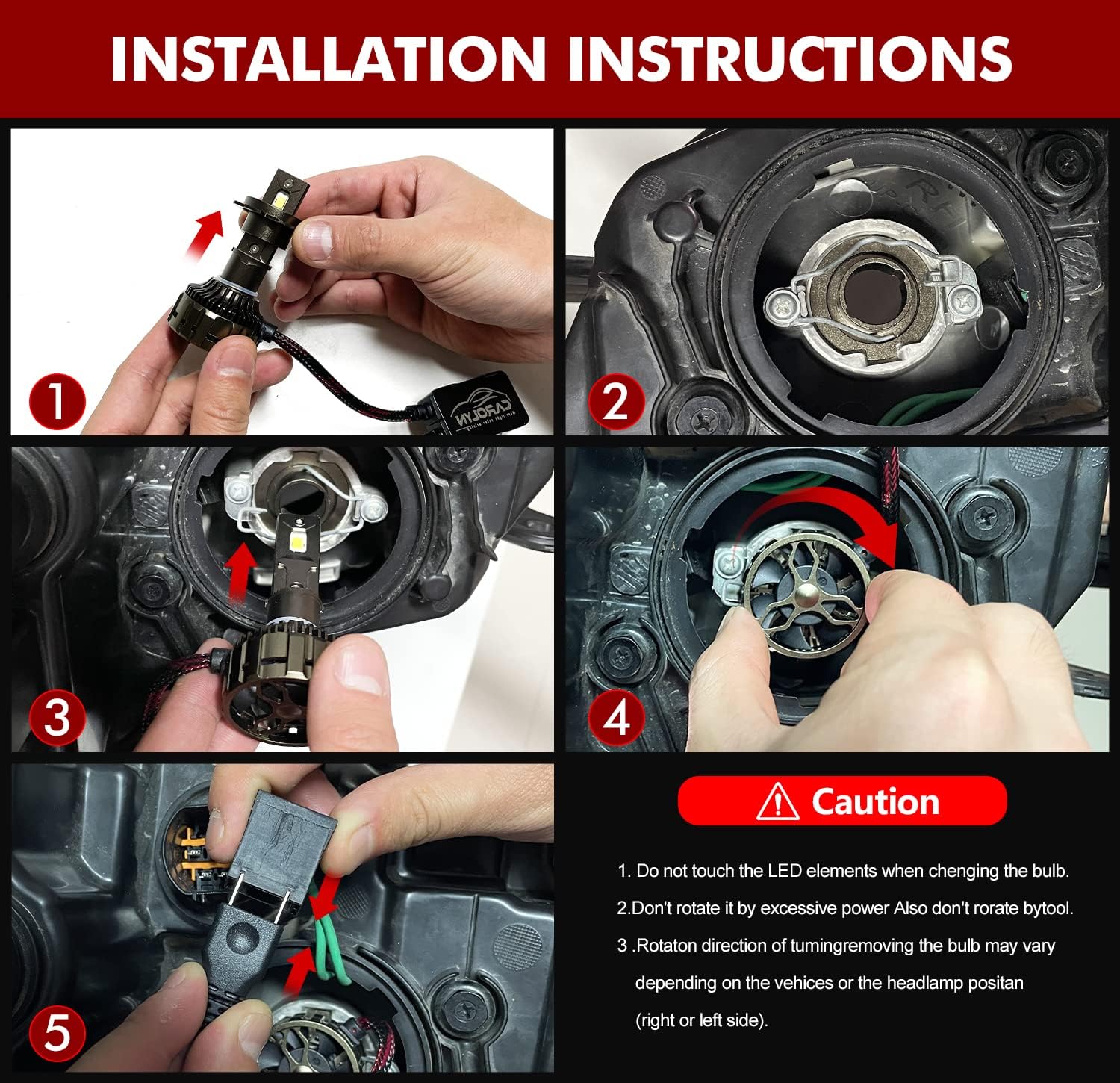 Installation guide for LED headlight bulbs, showing step-by-step instructions.